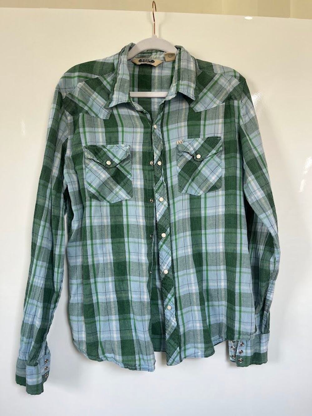 Men’s Salt Valley Plaid Western Pearl Snap Shirt Green Blue Size L